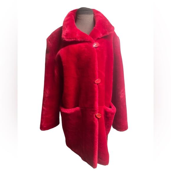 Y2K Gallery Wine Red Faux Fur Maximalism Snow Bunny Glam Mob Wife Coat L - Picture 1 of 7
